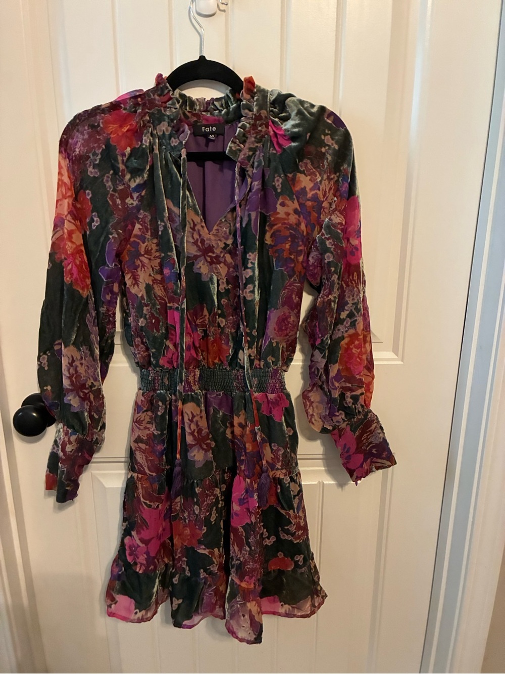 Fate Floral Long-Sleeve Ruffle Mini Dress in Green and Pink